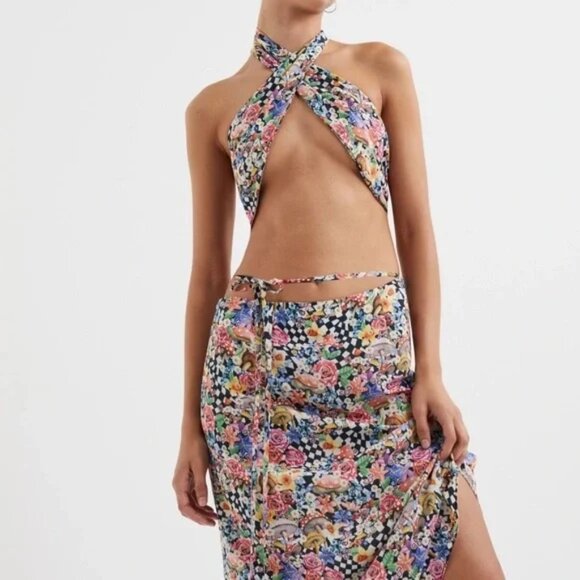 NWT For Love & Lemons Deidre Checkered Mushroom Print Cross Front Halter Top - Picture 4 of 10